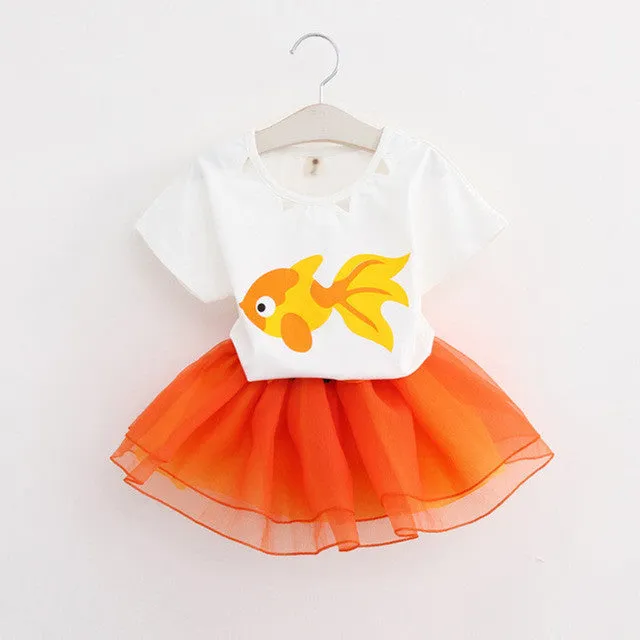 Menoea 2017 Autumn New Baby Girls Clothing Sets Fashion Style Cartoon Kitten Printed T-Shirts Net Veil Dress 2Pcs Girls Clothes