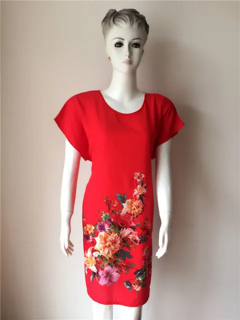 New Arrival Blue Chinese Women Cotton Nightdress Summer Short Sleeve Sleepwear Floral Home Dress Robe Gown One Size S0125