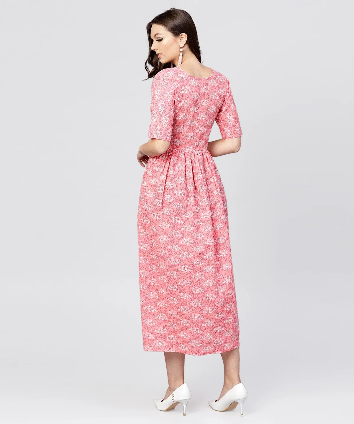 Pink Printed Dress With Round Neck And Half Sleeves