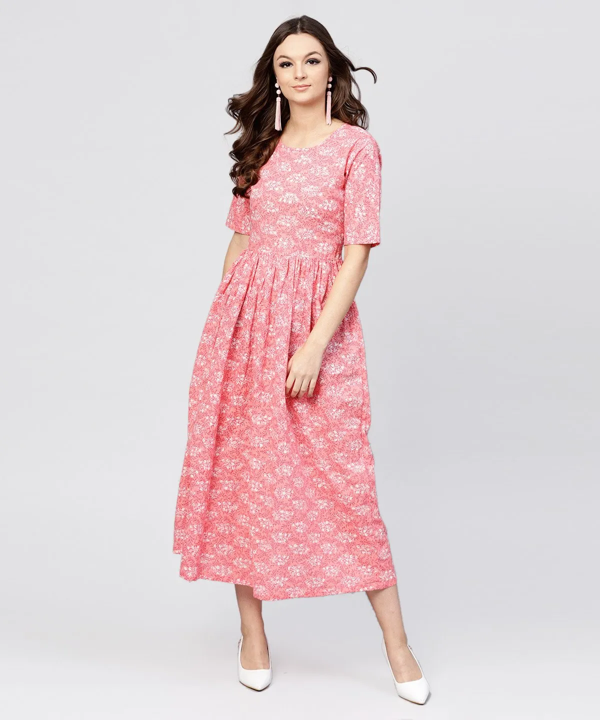 Pink Printed Dress With Round Neck And Half Sleeves