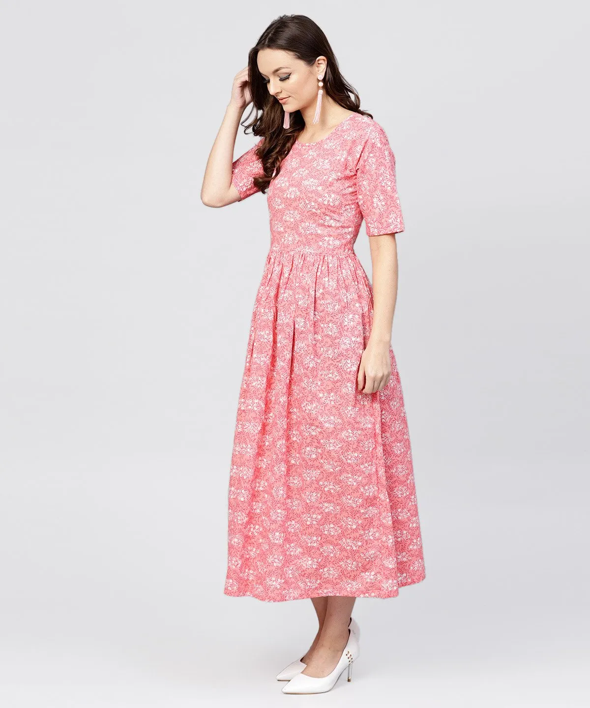 Pink Printed Dress With Round Neck And Half Sleeves