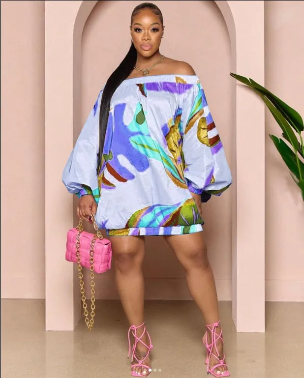 TEEK - Off Shoulder Gorg Print Lantern Dresses